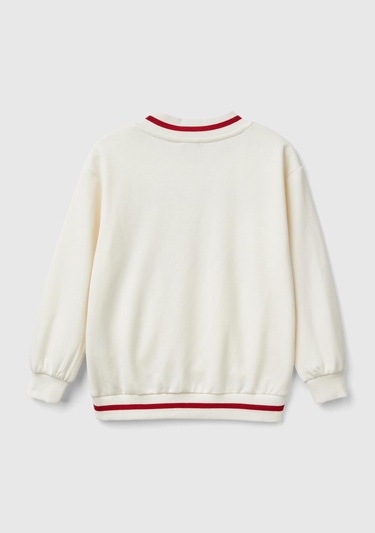  Kız Çocuk Ekru Kontrast Renk Detaylı Manşeti Ribanalı V Yaka Sweatshirt