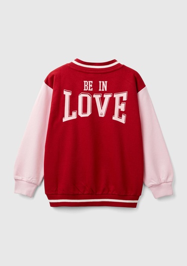  Kız Çocuk Kırmızı Kontrast Renk Detaylı Manşeti Ribanalı V Yaka Sweatshirt