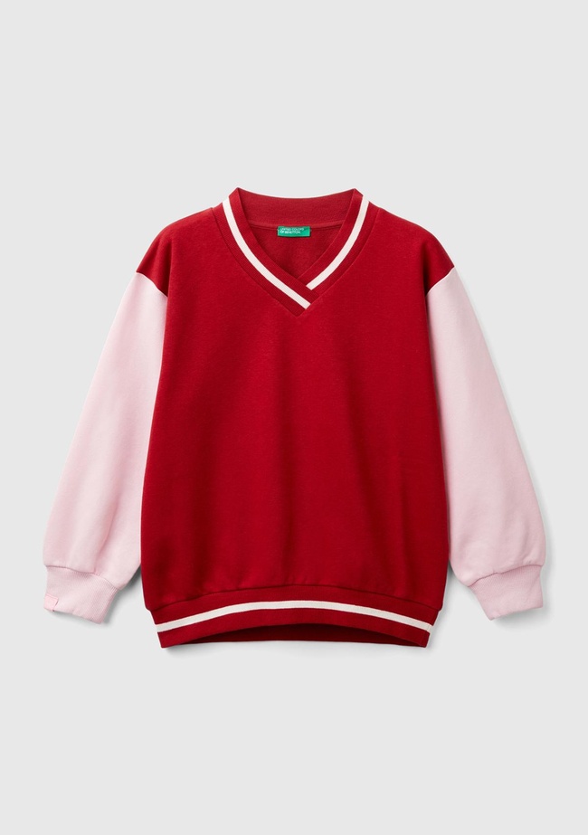  Kız Çocuk Kırmızı Kontrast Renk Detaylı Manşeti Ribanalı V Yaka Sweatshirt