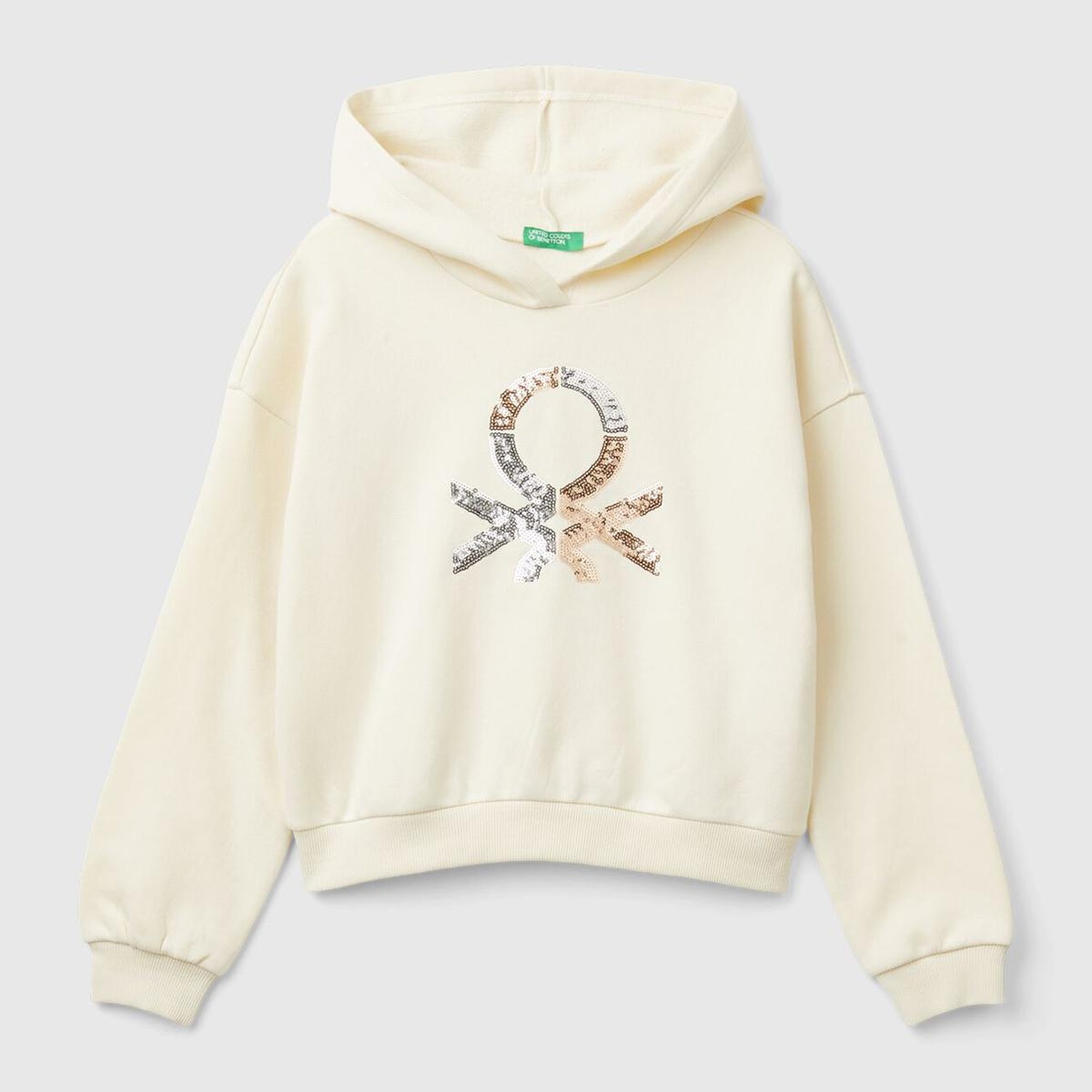 Kız Çocuk Ekru Pamuk Karışımlı Payet Logolu Kapşonlu Sweatshirt