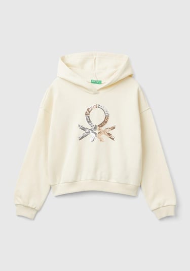  Kız Çocuk Ekru Pamuk Karışımlı Payet Logolu Kapşonlu Sweatshirt