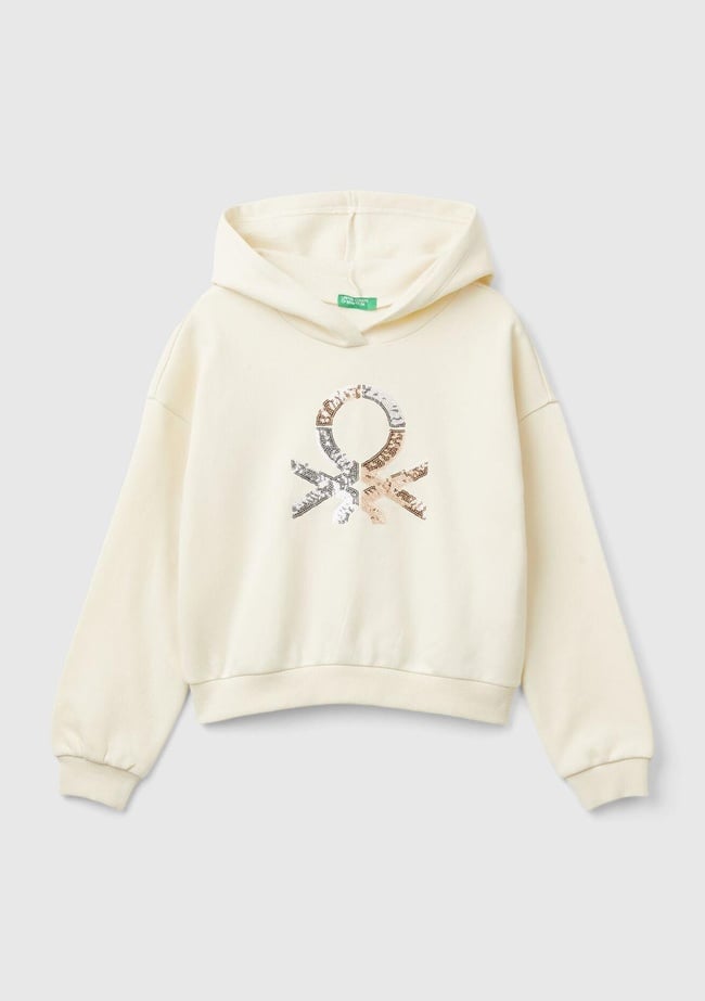  Kız Çocuk Ekru Pamuk Karışımlı Payet Logolu Kapşonlu Sweatshirt