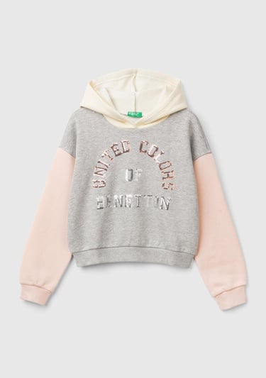  Kız Çocuk Gri Mix Pamuk Karışımlı Payet Logolu Kapşonlu Sweatshirt