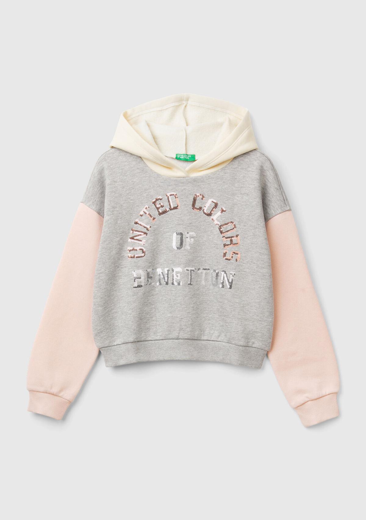  Kız Çocuk Gri Mix Pamuk Karışımlı Payet Logolu Kapşonlu Sweatshirt