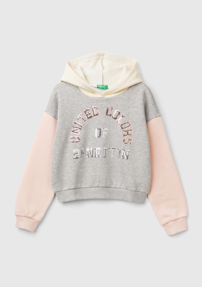  Kız Çocuk Gri Mix Pamuk Karışımlı Payet Logolu Kapşonlu Sweatshirt