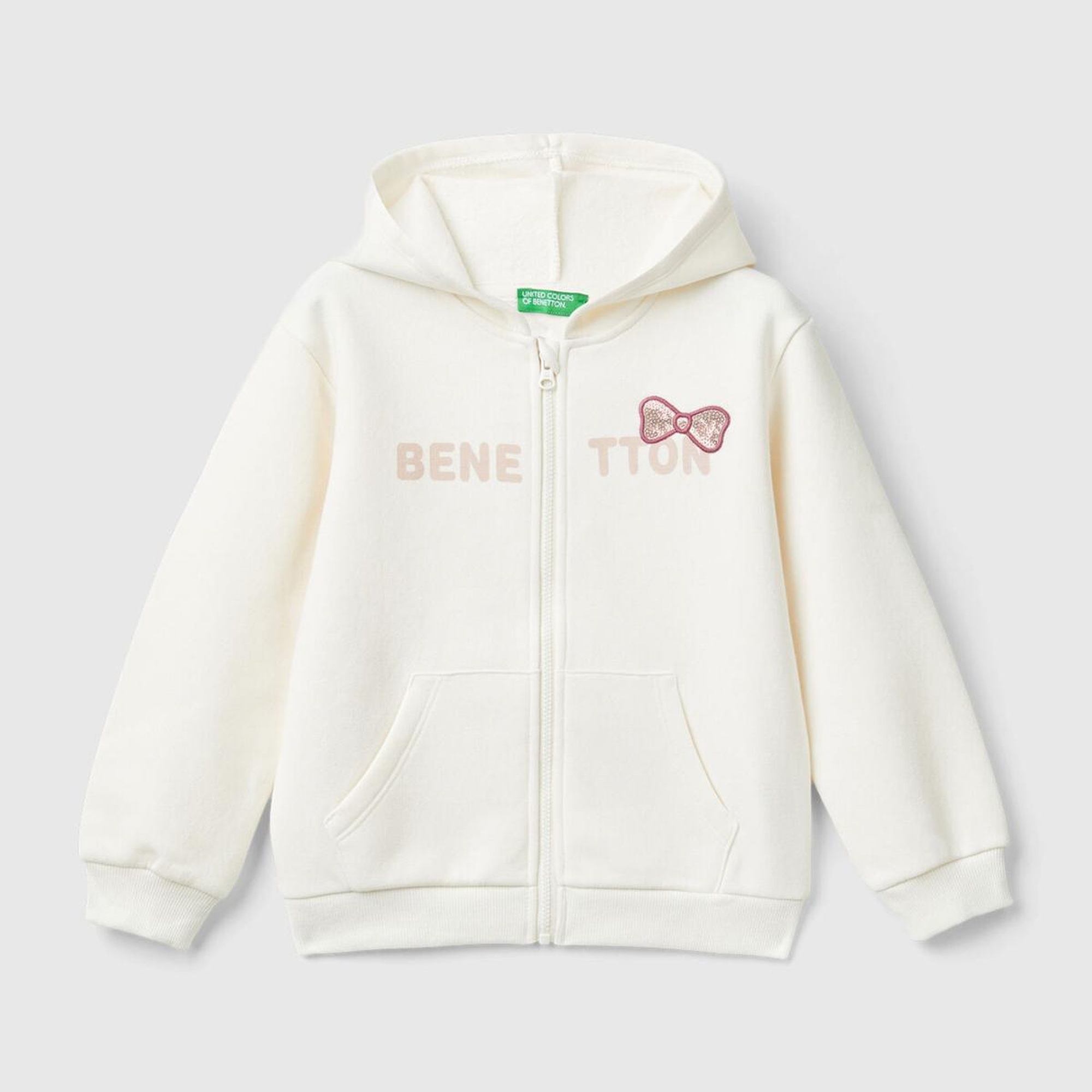 Kız Çocuk Ekru Pamuk Karışımlı Fermuarlı Kapşonlu Logolu Sweatshirt