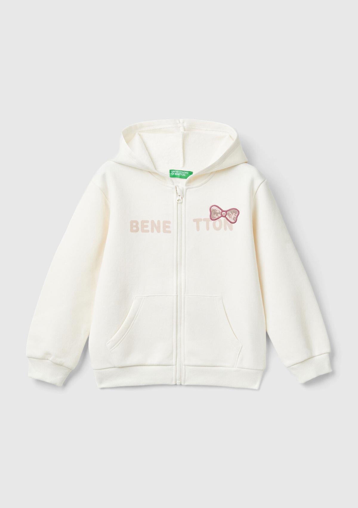  Kız Çocuk Ekru Pamuk Karışımlı Fermuarlı Kapşonlu Logolu Sweatshirt