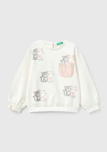  Kız Çocuk Ekru Önü Baskılı Göğüs Cepli Arkası Damla Düşük Omuz Sweatshirt