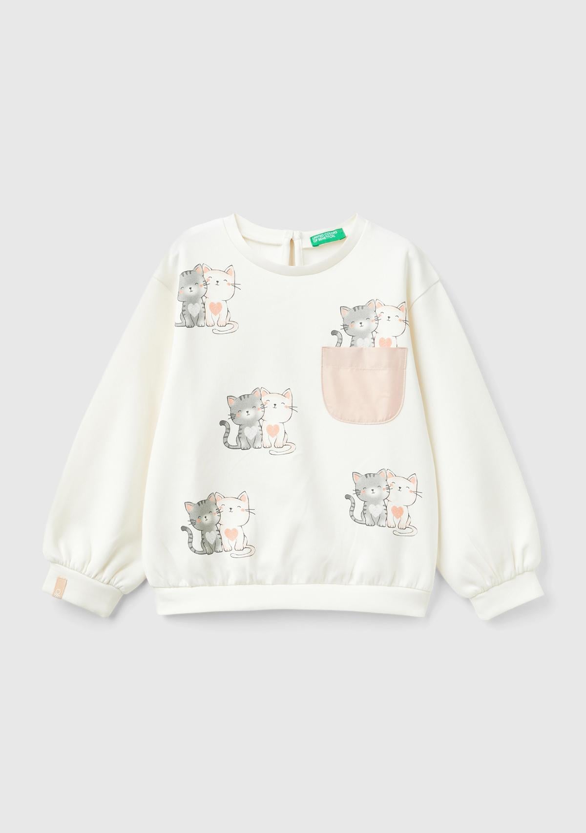  Kız Çocuk Ekru Önü Baskılı Göğüs Cepli Arkası Damla Düşük Omuz Sweatshirt