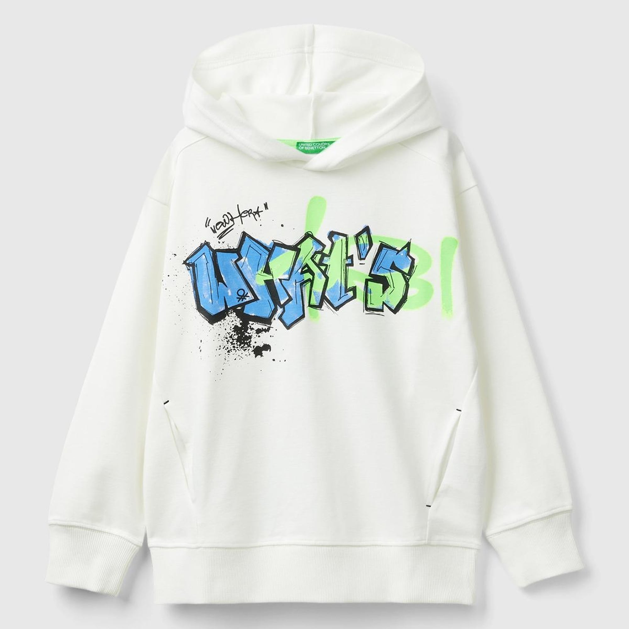 Erkek Çocuk Beyaz Önü Baskılı Arkası Şerit Detaylı Kapüşonlu Sweatshirt