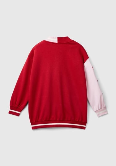  Kız Çocuk Kırmızı Kontrast Renk Detaylı Sağ Kolu Kalp Desenli Polar Sweatshirt