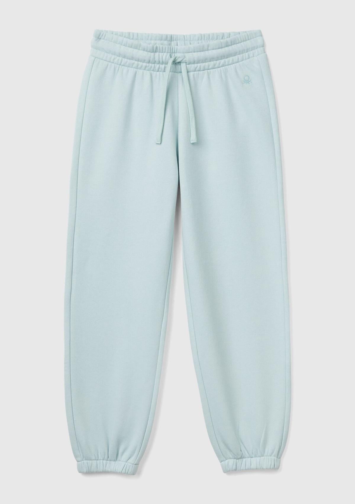  Kız Çocuk Su Yeşili Beli Lastikli Büzgü İpli Lastikli Manşetli Eşofman Altı