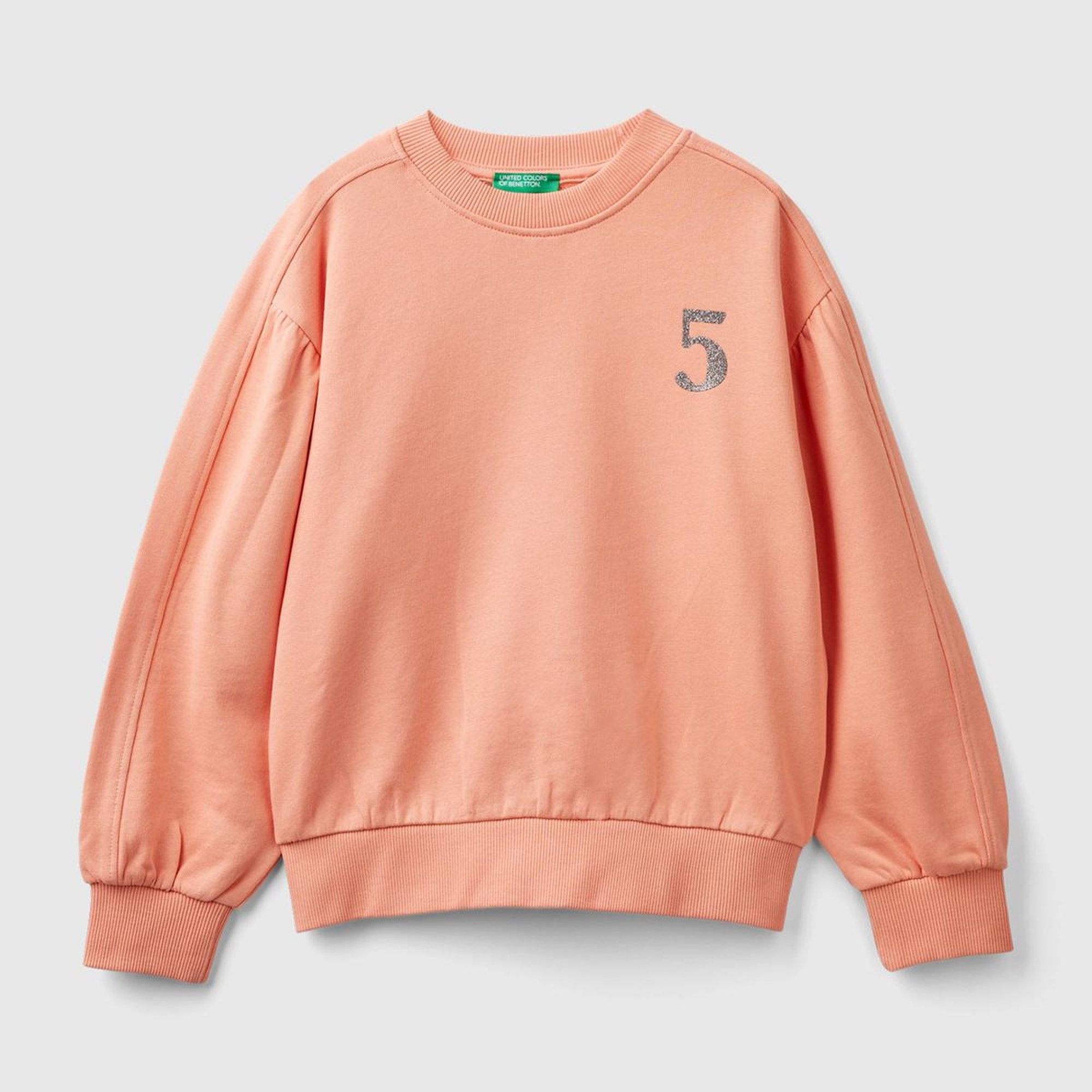 Kız Çocuk Yavruağzı Önü ve Arkası Logo Baskılı Bisiklet Yaka Sweatshirt