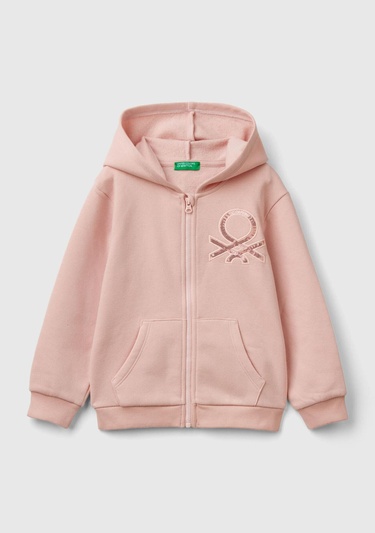  Kız Çocuk Toz Pembe Pamuk Karışımlı Fermuarlı Kapşonlu Logolu Sweatshirt