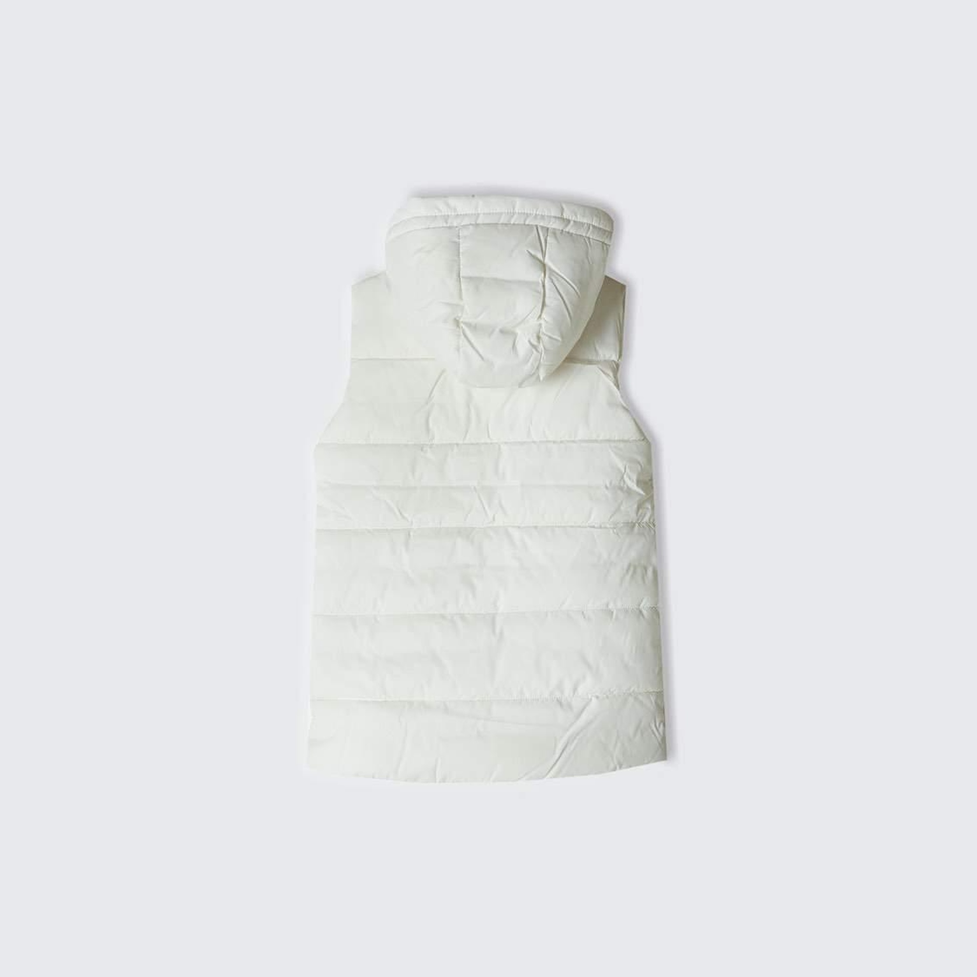 Kız Çocuk Beyaz Cebi Logo İşlemeli Kapüşonlu Uzun Suni Kuş Tüyü Yelek