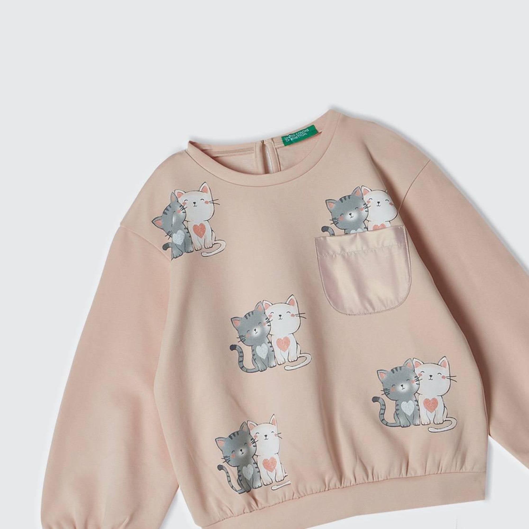 Kız Çocuk Toz Pembe Önü Baskılı Göğüs Cepli Arkası Damla Düşük Omuz Sweatshirt