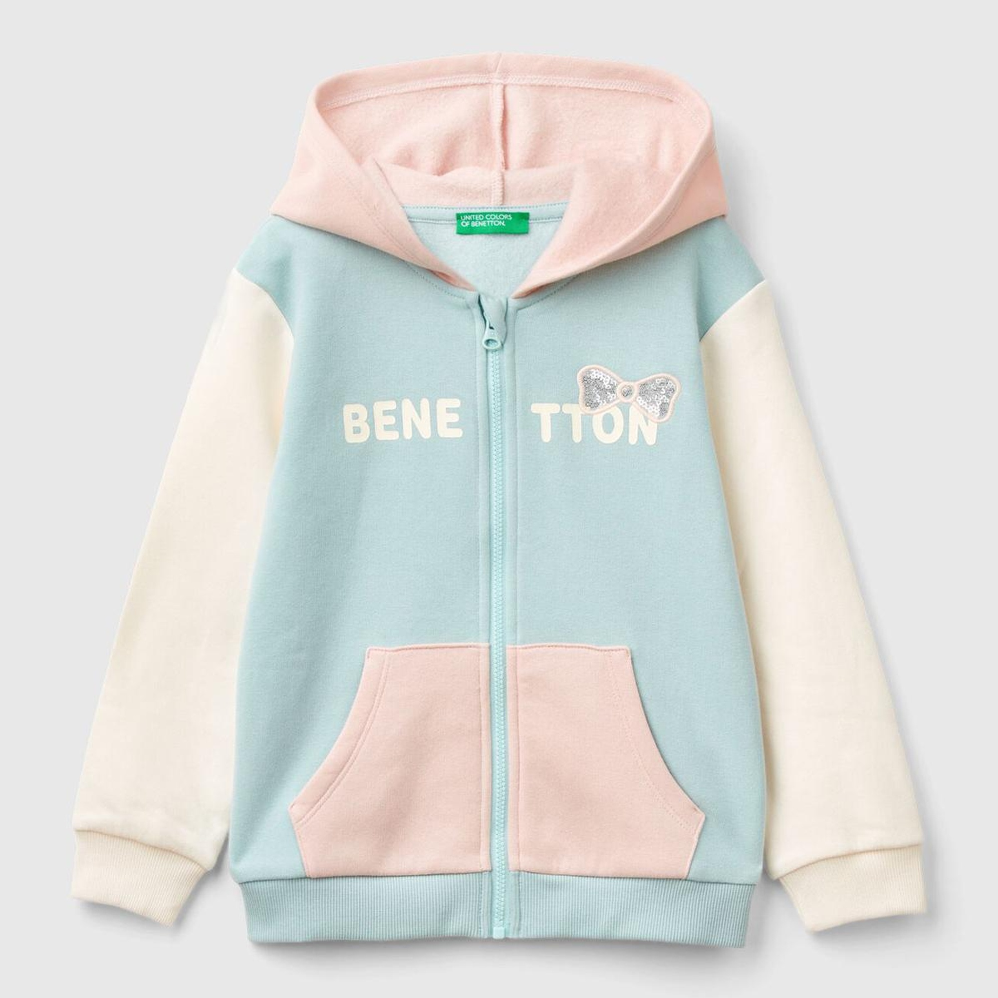 Kız Çocuk Su Yeşili Mix Pamuk Karışımlı Fermuarlı Kapşonlu Logolu Sweatshirt