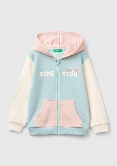  Kız Çocuk Su Yeşili Mix Pamuk Karışımlı Fermuarlı Kapşonlu Logolu Sweatshirt