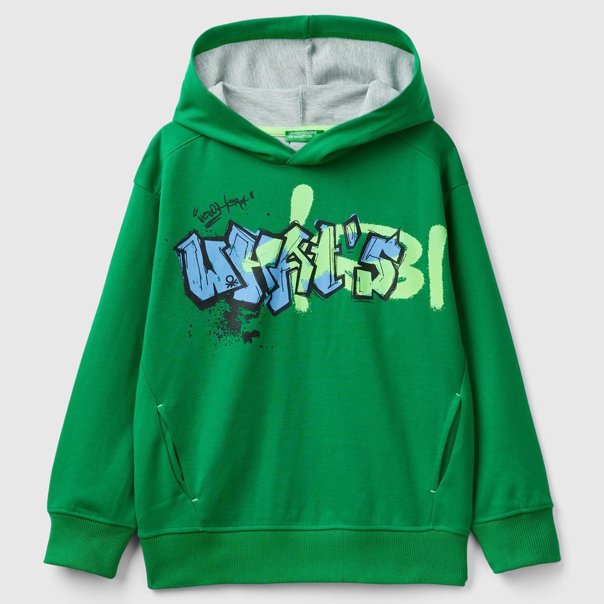 Erkek Çocuk Yeşil Önü Baskılı Arkası Şerit Detaylı Kapüşonlu Sweatshirt