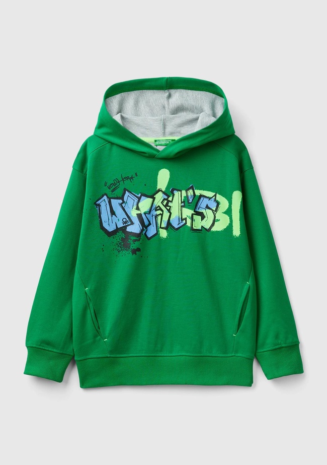  Erkek Çocuk Yeşil Önü Baskılı Arkası Şerit Detaylı Kapüşonlu Sweatshirt