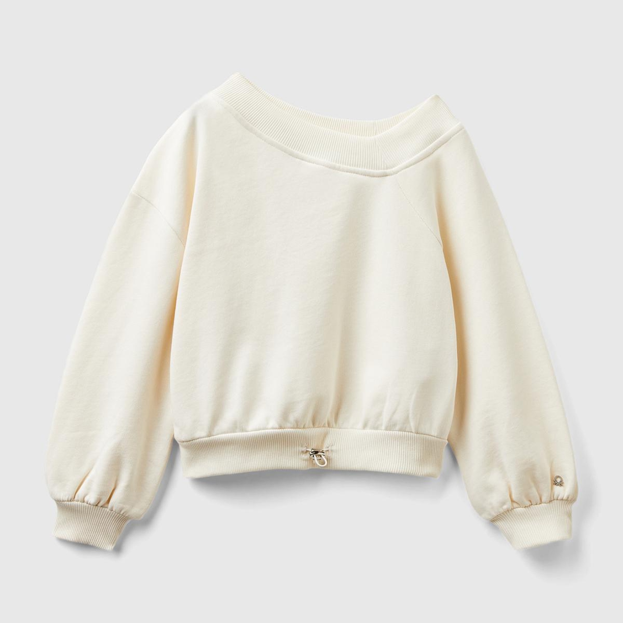 Kız Çocuk Ekru Regular Fit Ribana Detaylı Asimetrik Yaka Sweatshirt