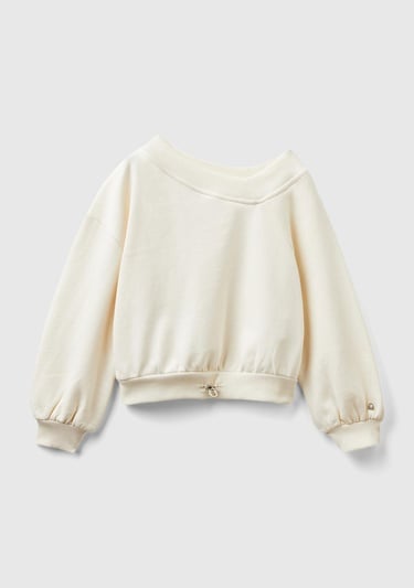  Kız Çocuk Ekru Regular Fit Ribana Detaylı Asimetrik Yaka Sweatshirt
