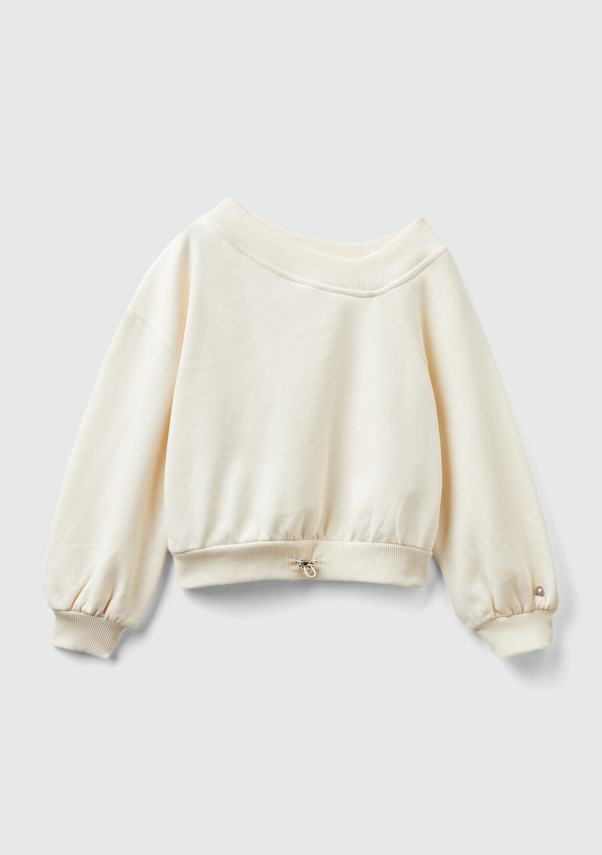  Kız Çocuk Ekru Regular Fit Ribana Detaylı Asimetrik Yaka Sweatshirt