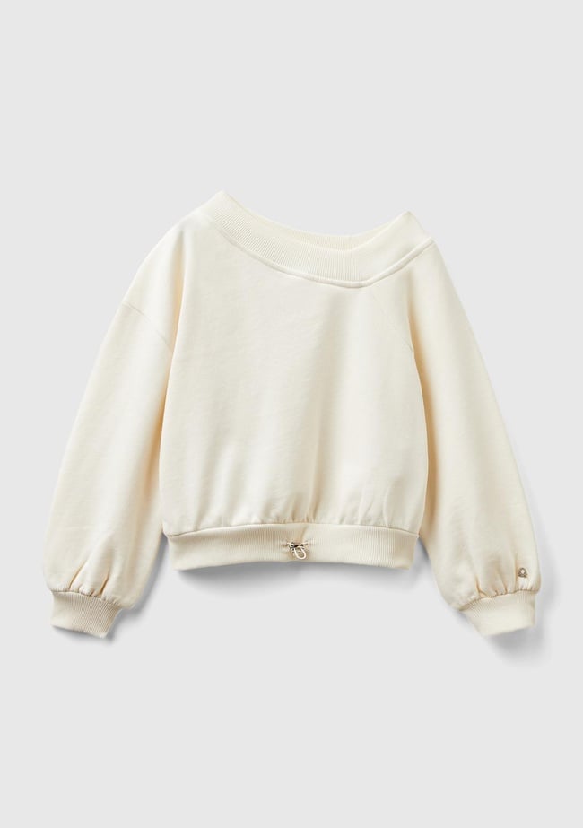  Kız Çocuk Ekru Regular Fit Ribana Detaylı Asimetrik Yaka Sweatshirt