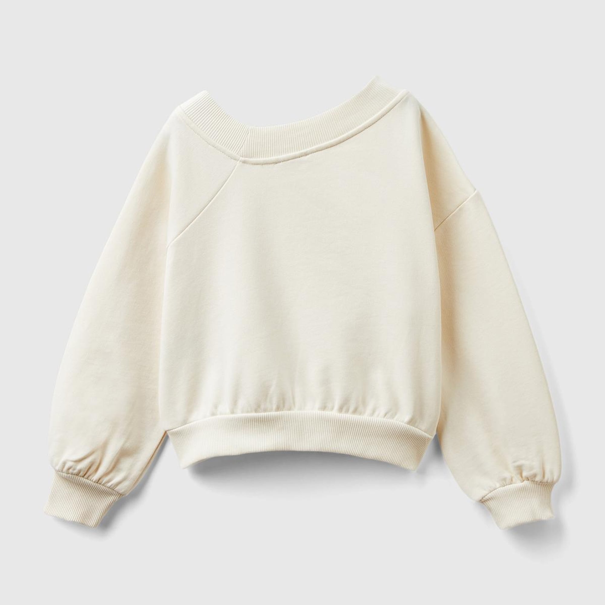 Kız Çocuk Ekru Regular Fit Ribana Detaylı Asimetrik Yaka Sweatshirt
