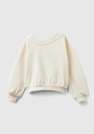  Kız Çocuk Ekru Regular Fit Ribana Detaylı Asimetrik Yaka Sweatshirt