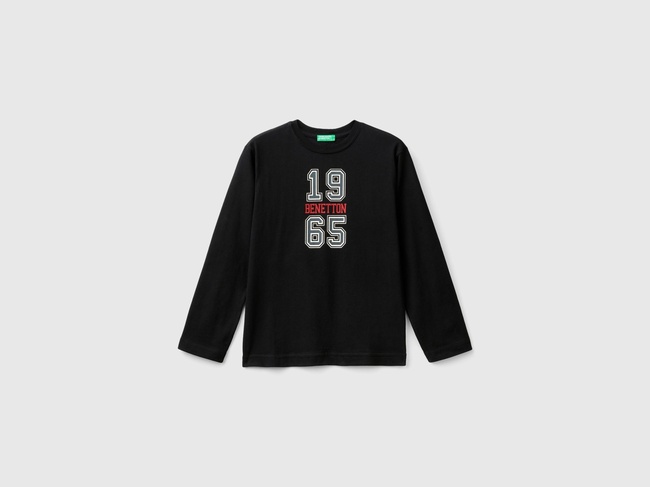  Erkek Çocuk Siyah Önü Çok Renkli Logo Baskılı Uzun Kollu T-Shirt