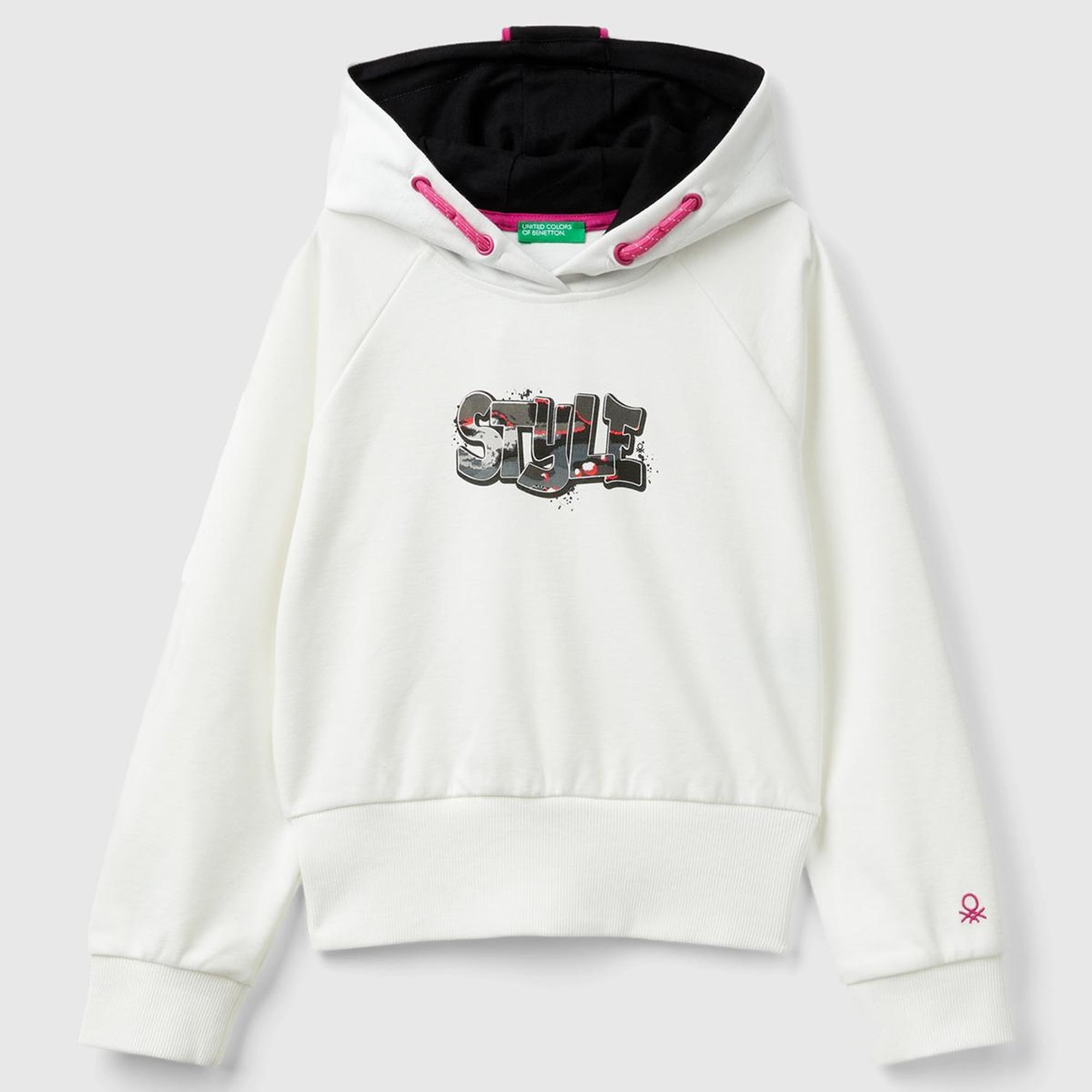 Kız Çocuk Beyaz Kolu Logo Detaylı Önü Su Bazlı Baskılı Kapüşonlu Kısa Sweatshirt