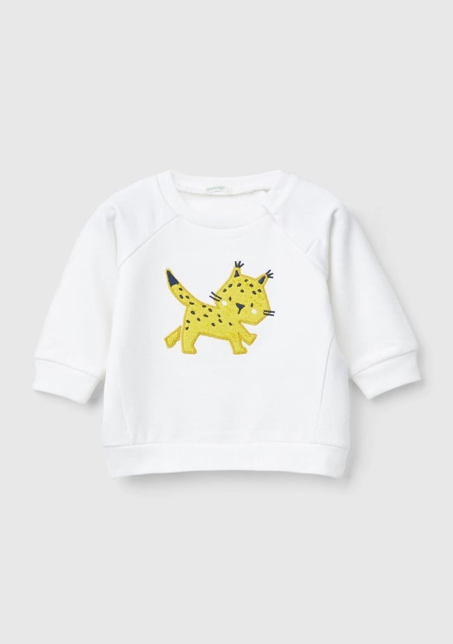  Bebek Beyaz Önü Hayvan Motifli Bisiklet Yaka Reglan Kol Sweatshirt