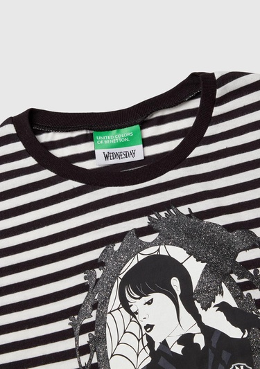  Kız Çocuk Koyu Gri Etek Ucu Logo Etiketli Önü Fotoğraf Baskılı Çizgili T-Shirt