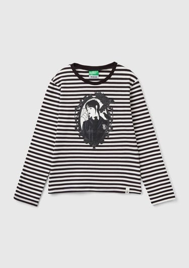  Kız Çocuk Koyu Gri Etek Ucu Logo Etiketli Önü Fotoğraf Baskılı Çizgili T-Shirt