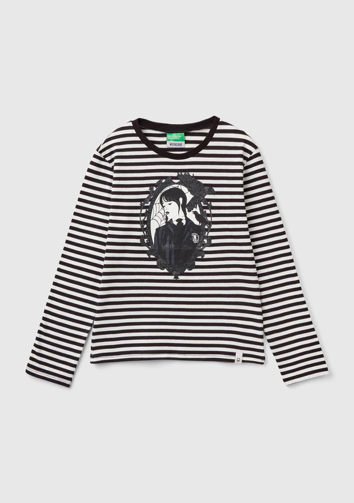  Kız Çocuk Koyu Gri Etek Ucu Logo Etiketli Önü Fotoğraf Baskılı Çizgili T-Shirt