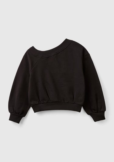  Kız Çocuk Siyah Regular Fit Ribana Detaylı Asimetrik Yaka Sweatshirt
