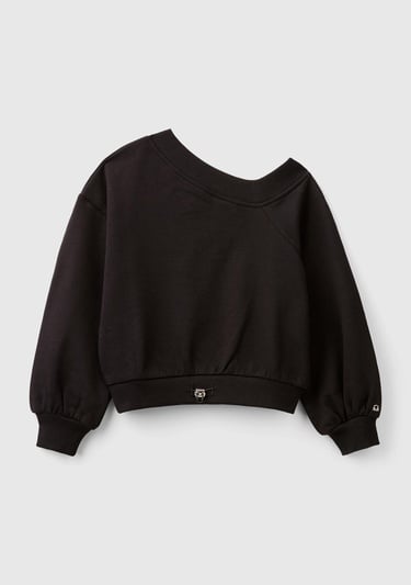  Kız Çocuk Siyah Regular Fit Ribana Detaylı Asimetrik Yaka Sweatshirt