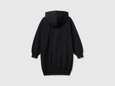  Kız Çocuk Siyah Yanı Nakış Detaylı Düşük Omuz Kapüşonlu Sweatshirt Elbise