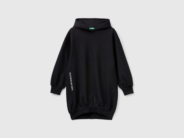  Kız Çocuk Siyah Yanı Nakış Detaylı Düşük Omuz Kapüşonlu Sweatshirt Elbise
