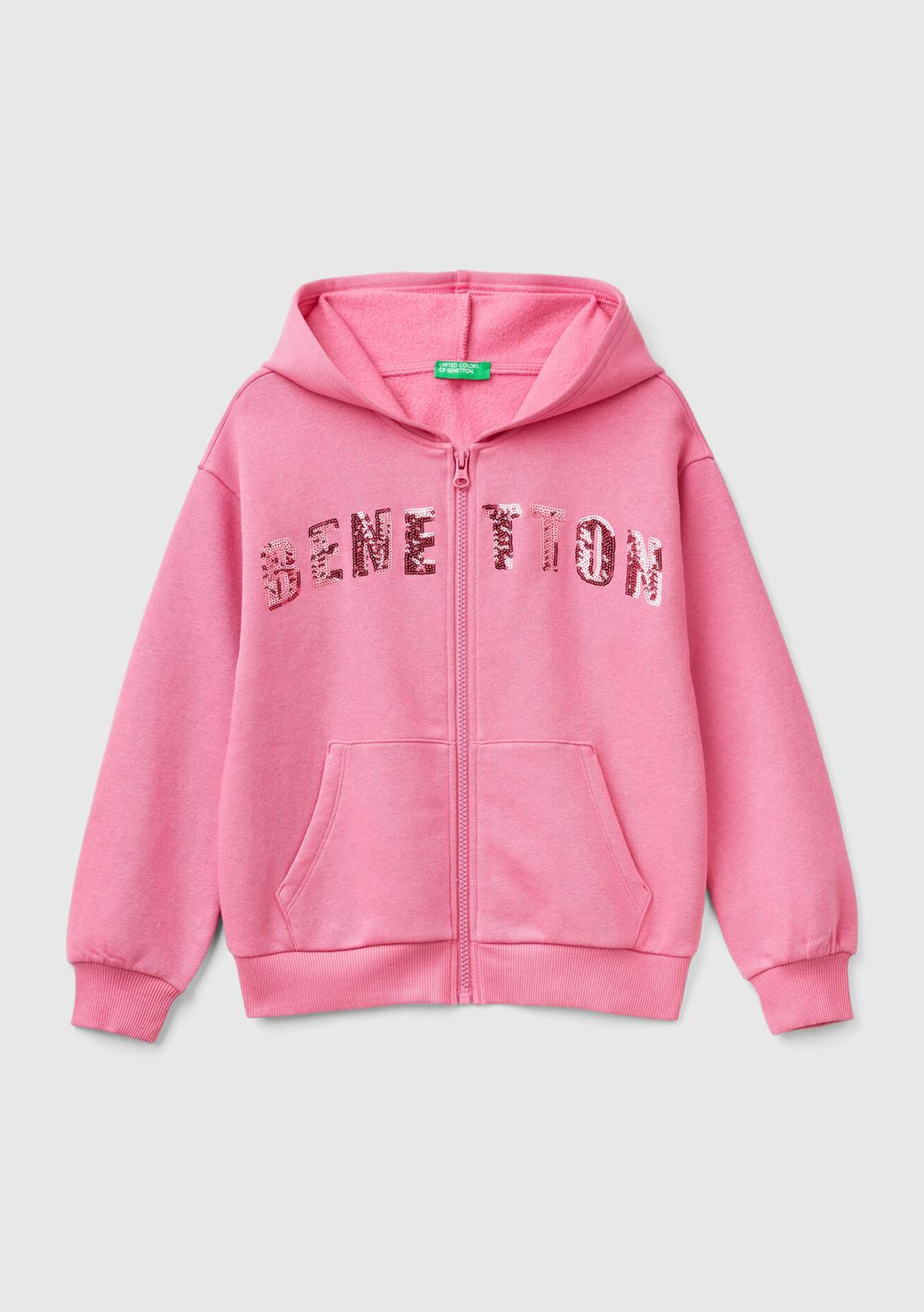  Kız Çocuk Pembe Pamuk Karışımlı Payet Logolu Kapşonlu Sweatshirt