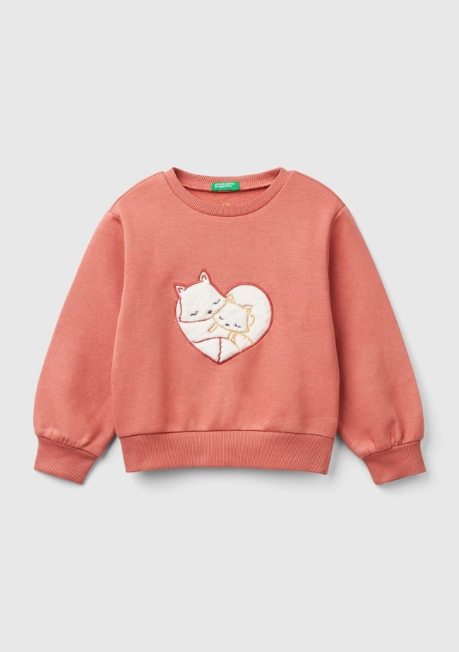  Kız Çocuk Gül Kurusu Arkası Logo İşlemeli Önü Baskılı Bisiklet Yaka Sweatshirt