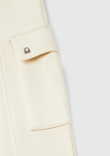  Kız Çocuk Ekru Yanları Cep Detaylı Geniş Paça Muflon Eşofman Altı