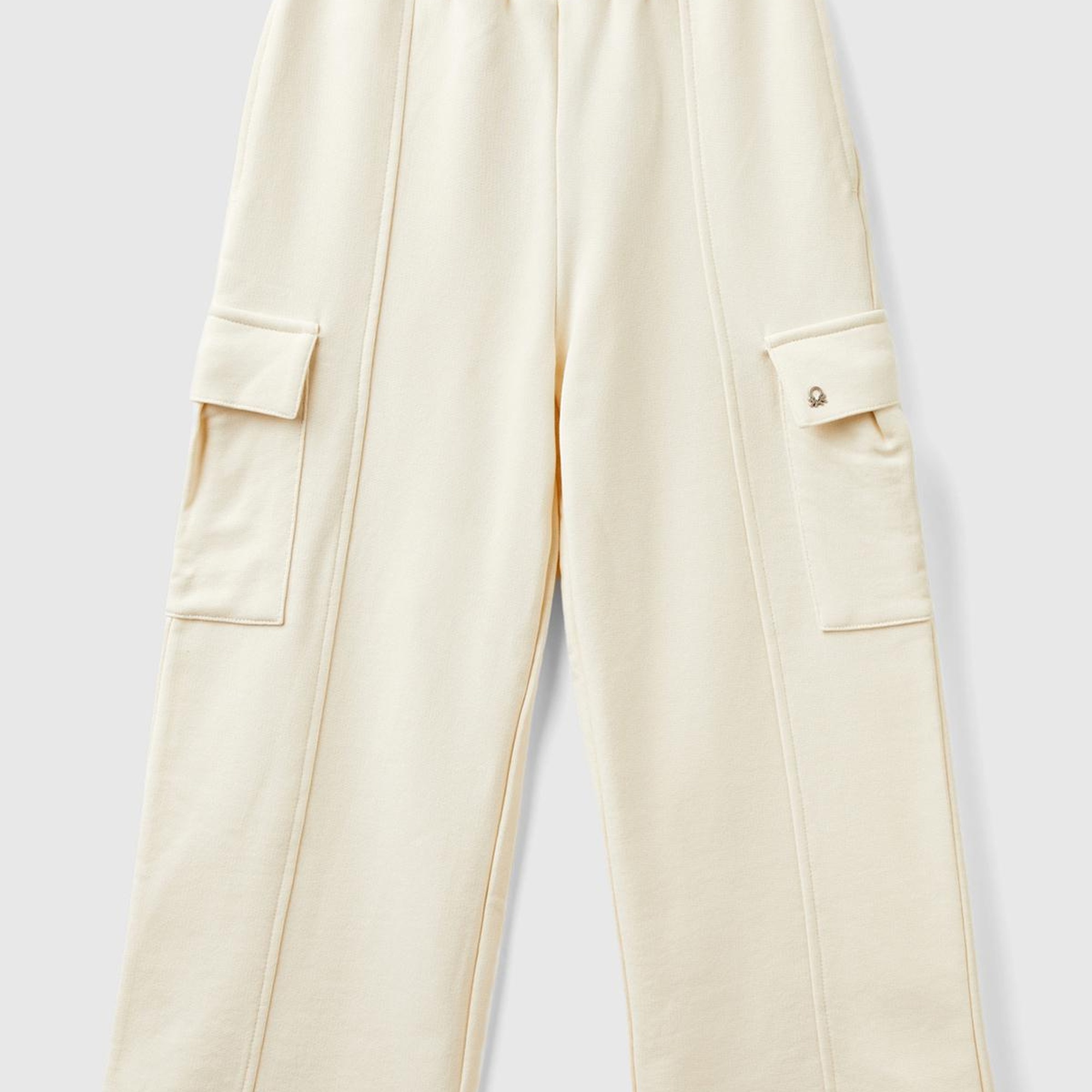 Kız Çocuk Ekru Yanları Cep Detaylı Geniş Paça Muflon Eşofman Altı