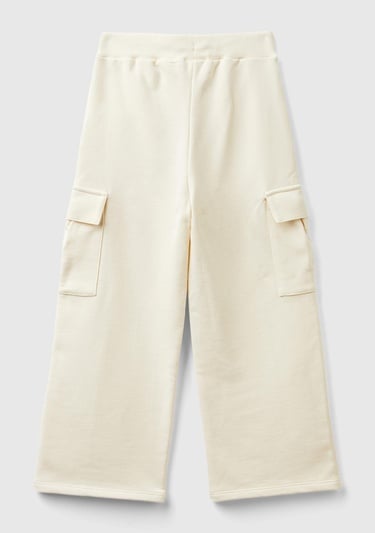  Kız Çocuk Ekru Yanları Cep Detaylı Geniş Paça Muflon Eşofman Altı