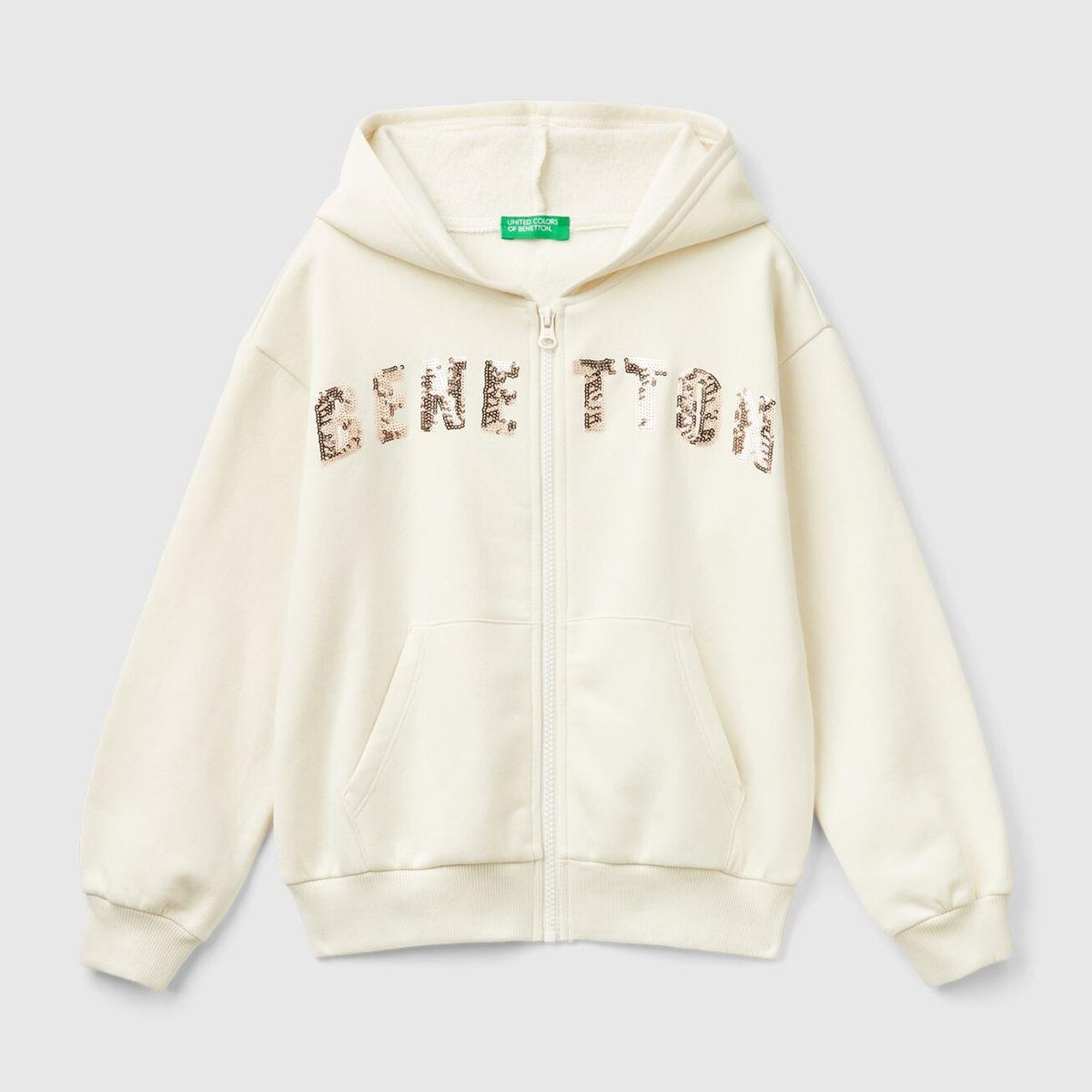 Kız Çocuk Ekru Pamuk Karışımlı Payet Logolu Kapşonlu Sweatshirt