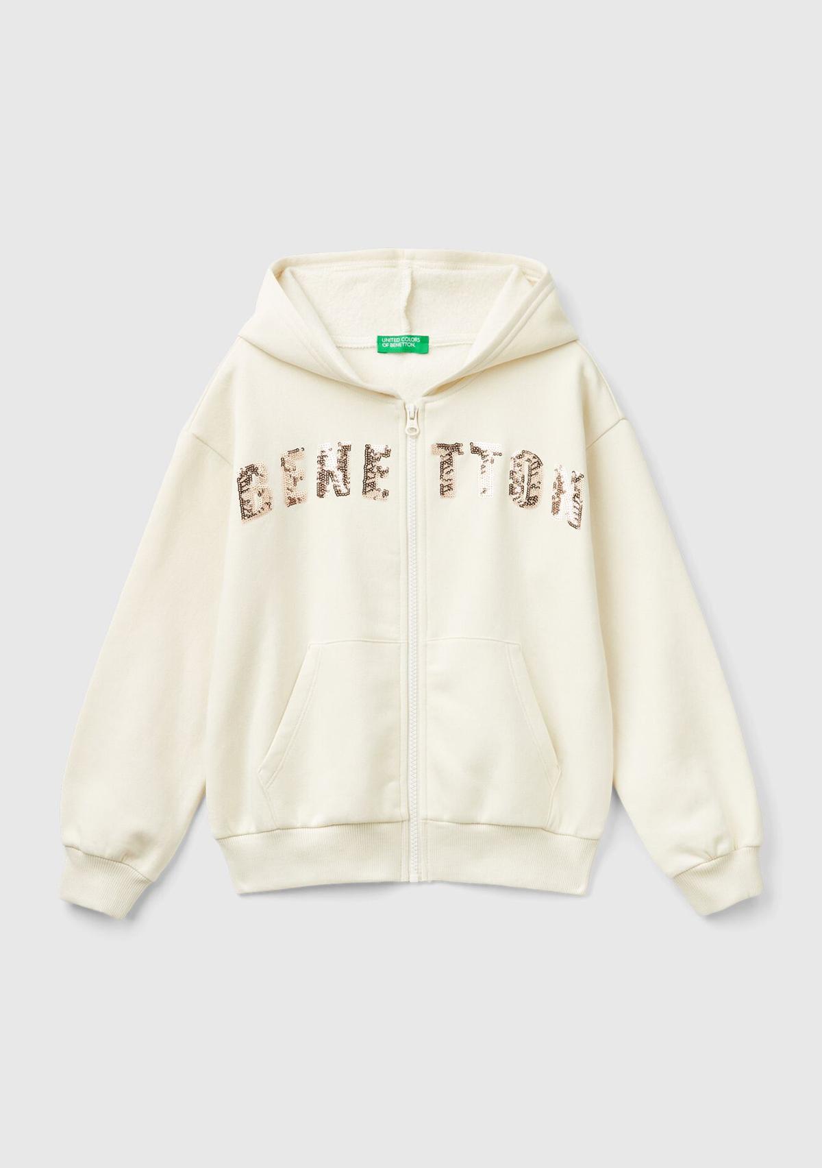  Kız Çocuk Ekru Pamuk Karışımlı Payet Logolu Kapşonlu Sweatshirt