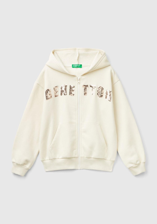  Kız Çocuk Ekru Pamuk Karışımlı Payet Logolu Kapşonlu Sweatshirt