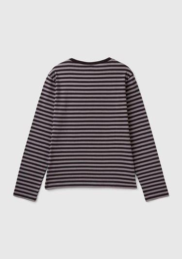  Kız Çocuk Siyah Etek Ucu Logo Etiketli Önü Fotoğraf Baskılı Çizgili T-Shirt