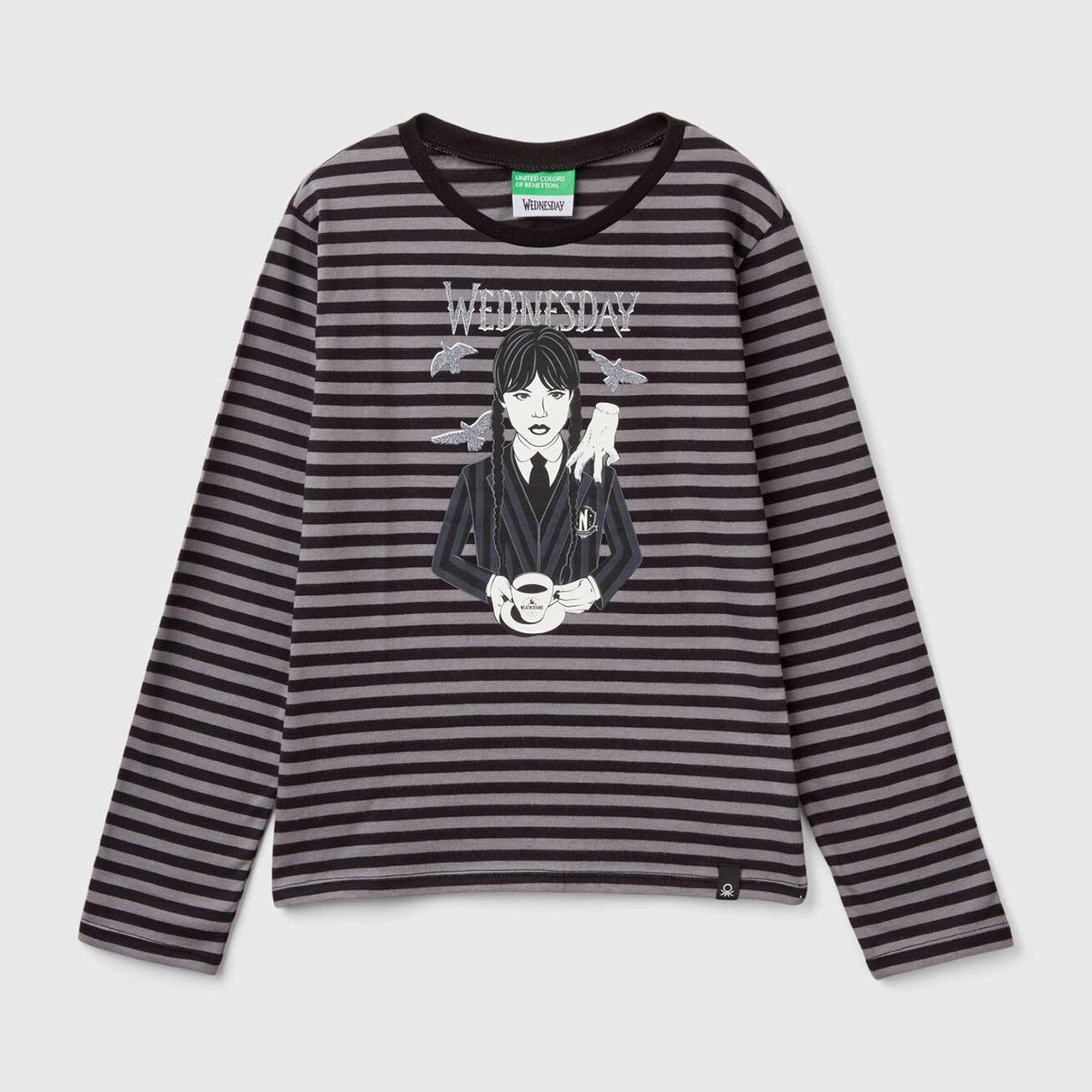 Kız Çocuk Siyah Etek Ucu Logo Etiketli Önü Fotoğraf Baskılı Çizgili T-Shirt